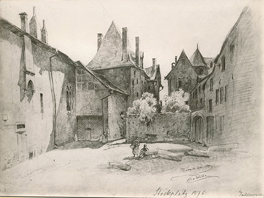 Blick auf die Häuser in der Stockstraße und Judengasse in einer Zeichnung von Fritz von Wille aus dem Jahr 1876. (Archiv der städtischen Denkmalpflege)