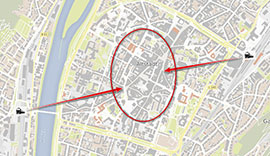 Die Entfernung vom künftigen Haltepunkt Römerbrücke (links) zur Innenstadt im Vergleich mit dem Hauptbahnhof.