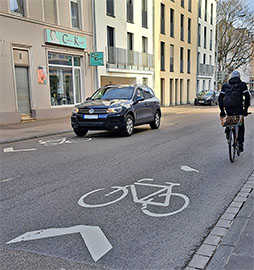 Fahrrad- und Pfeilsymbol als Piktogramm auf der Straße. Foto: B90/Grüne