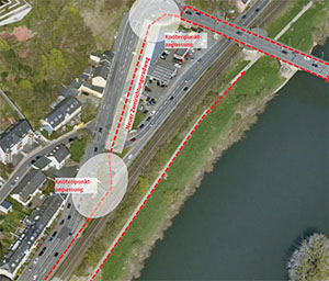 Geplanter Verlauf des Zwei-Richtungs-Radwegs an der Kaiser-Wilhelm-Brücke als Bestandteil der Pendlerradroute. Grafik: Amt für Stadt- und Verkehrsplanung