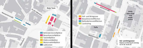 Die Karten zeigen die Neuverteilung der Parkstände für Bewohner, Behinderte, Taxis und Motorräder in den Bereichen Konstantinstraße und Roter Turm (links) sowie rund um die Tufa (rechts).