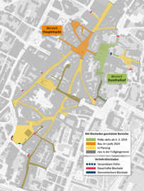 Das 2023 überarbeitete Urbane Sicherheitskonzept mit den Zufahrtsbarrieren des äußeren Rings und den besonders geschützten Bereichen Domfreihof und Hauptmarkt.